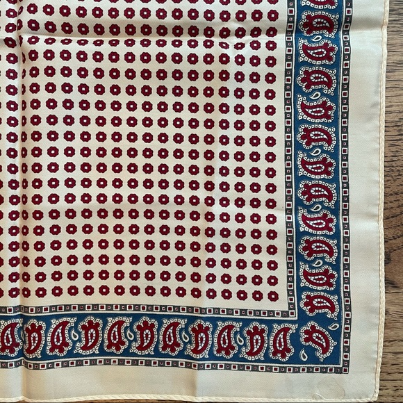 Women's Vintage Red, Blue, & Tan Printed Silk Neck / Head Scarf - Picture 3 of 3